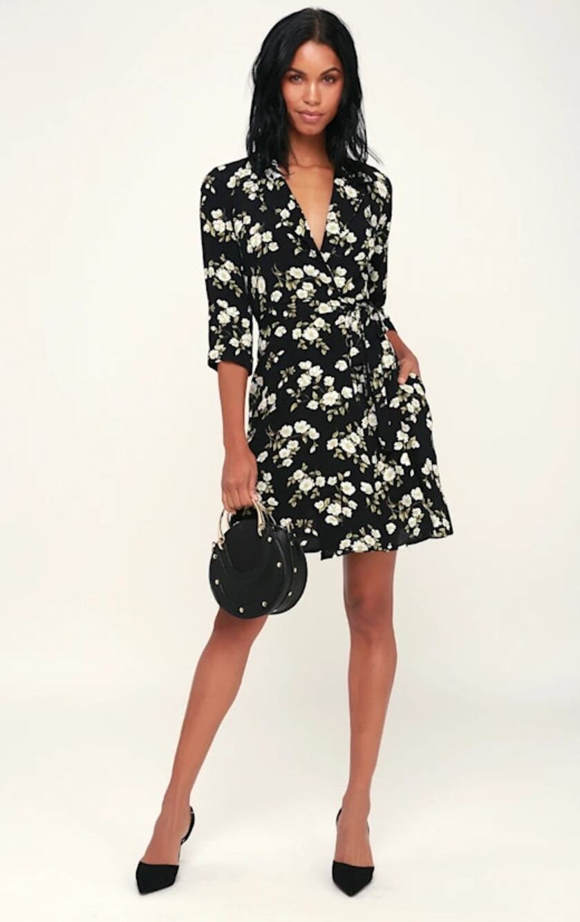Lumiere Faux Wrap Long Sleeve Floral Romper Black Cream White Small NWT
